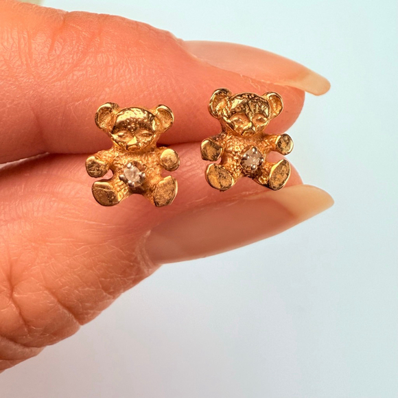 14K Solid Yellow Gold Genuine Diamond Solitaire Teddy Bear Stud Earrings - Picture 6 of 9
